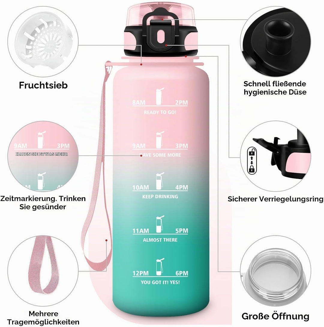 KollyKolla Trinkflasche Kohlensäure Geeignet, 500ml/1L/1.5L, Sport Trinkflasche mit Zeitmarkierung,