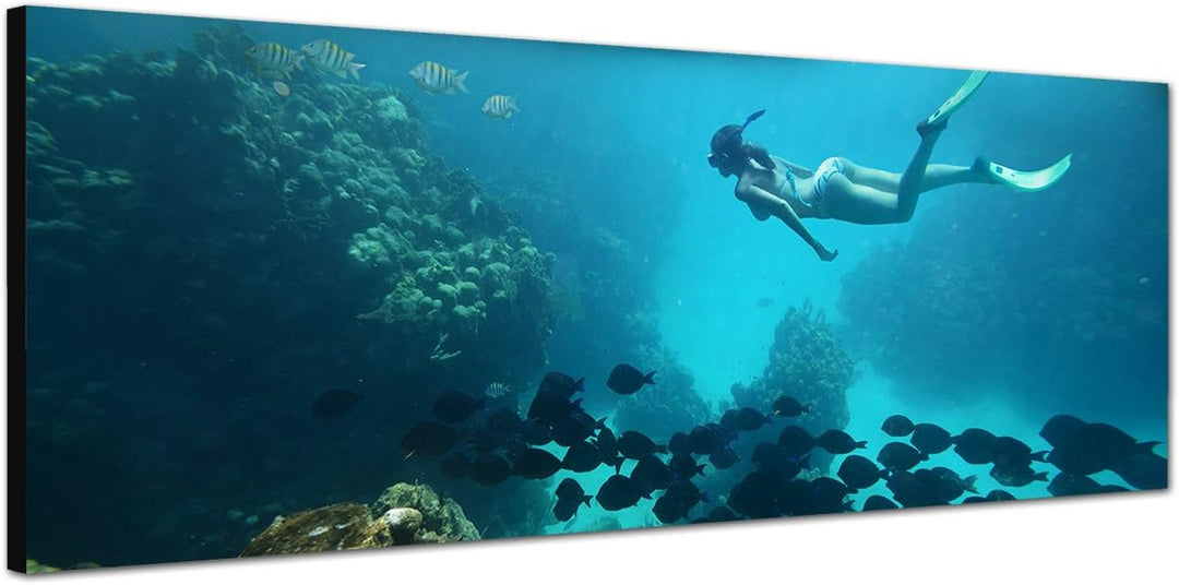 Panoramabild auf Leinwand und Keilrahmen 150x50cm Meer Korallenriff Fische Taucherin Palmen
