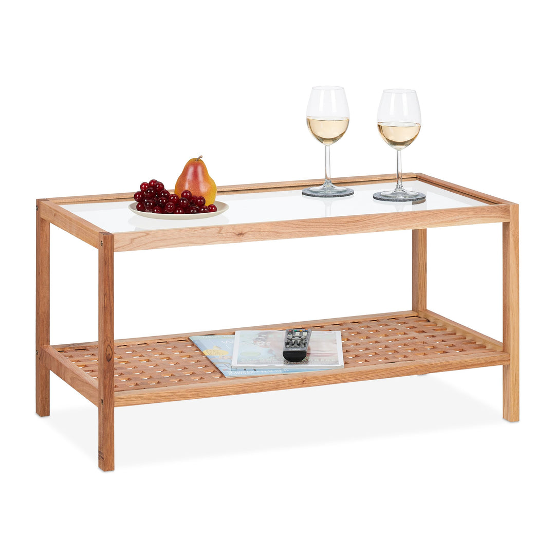 Relaxdays Beistelltisch, Wohnzimmertisch mit Glasablage, HBT 40x80x40 cm, Ablagetisch Walnussholz, K