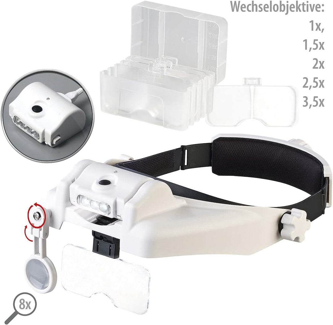 AGT Stirnlampe: Akku-Stirnlupe mit 1-/1,5-/2-/2,5-/3,5-facher Vergrösserung & LED-Licht (Kopflupe, L