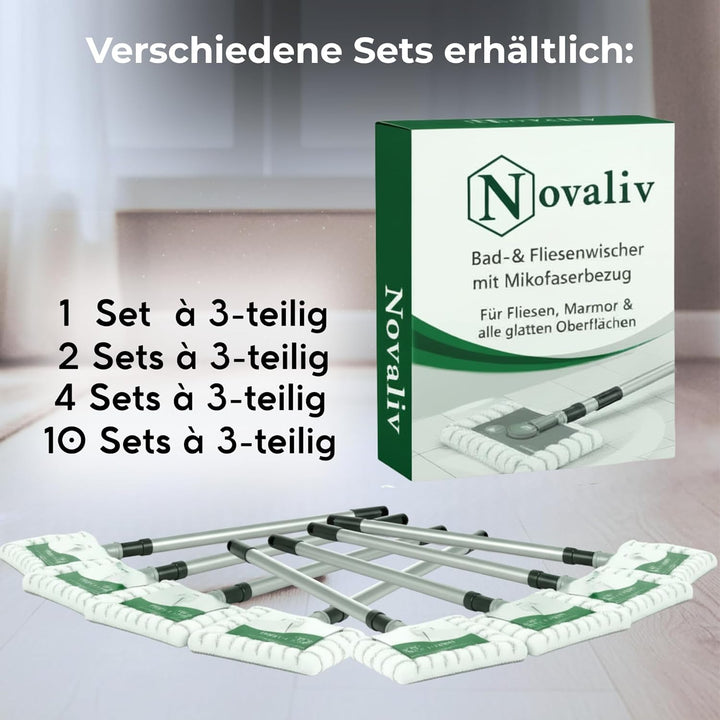 Novaliv Fliesenreiniger Bad Wand mit Teleskopstiel inkl 3X Mikrofaser Bezug Fliesenwischer Badwische