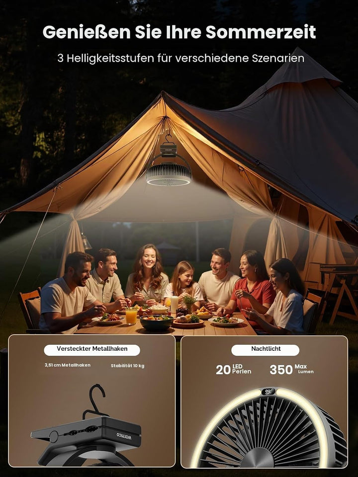 Warmco Tragbarer Ventilator mit LED-Laterne und Haken, 15000 mAh, batteriebetrieben, Camping-Tischve