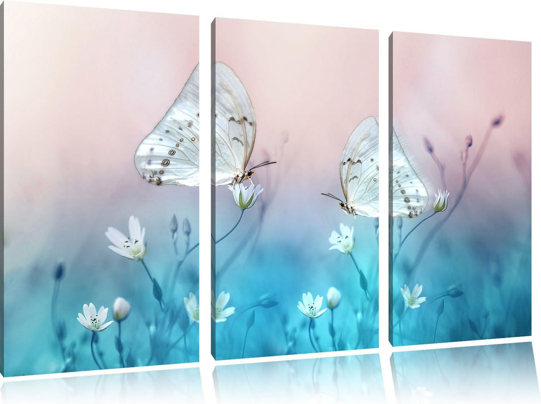 Pixxprint Schmetterling auf kleinen Blumen als Leinwandbild/Grösse: 3 Teilig (120x80) / Wandbild/Kun