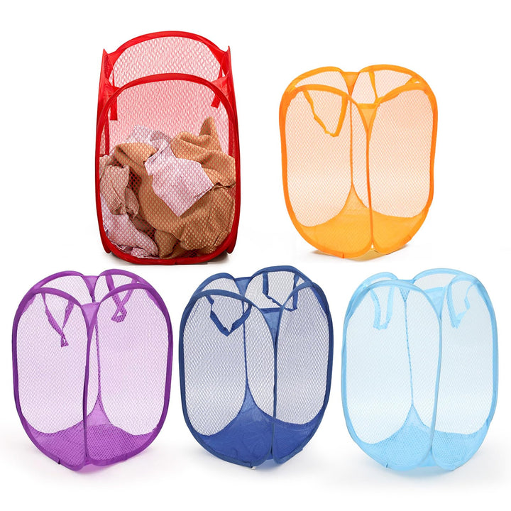 LIFEDYLUK 5 Pack Wäschekörbe Faltbar, Pop Up Laundry Basket Blau, Gelb, Rot, Lila, Grün, Mesh Aufbew