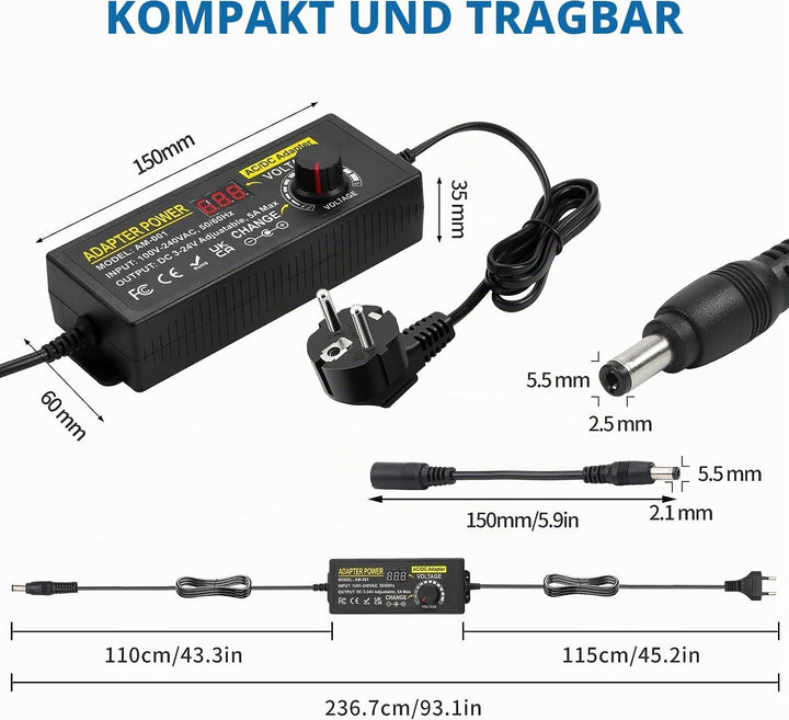 Einstellbares Netzteil, 3V-24V 5A 120W Einstellbares Netzadapter, Universal AC/DC Netzteiladapter,10