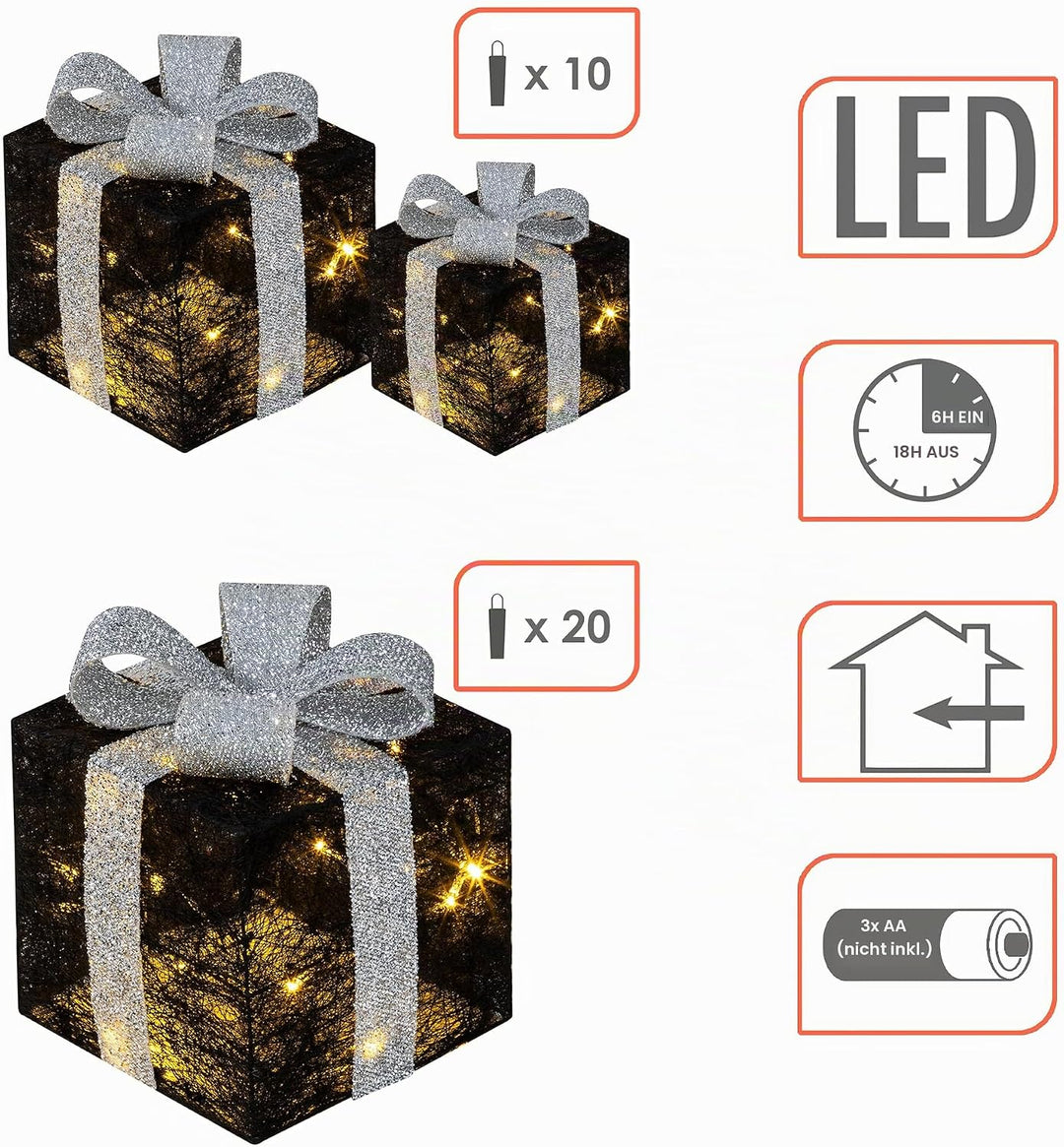 LED Geschenkboxen mit Timer 3er Set - Farbe - Weihnachts Dekoboxen warm weiss beleuchtet - Weihnacht