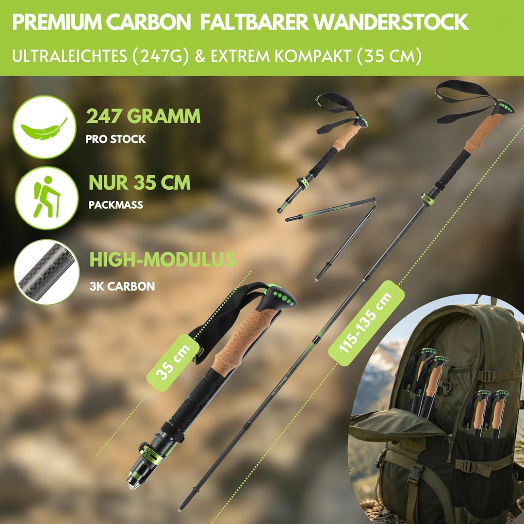 Wanderstöcke Faltbar Carbon oder Aluminium mit Korkgriff, Nordic Walking Stöcke Damen &Herren, Leich