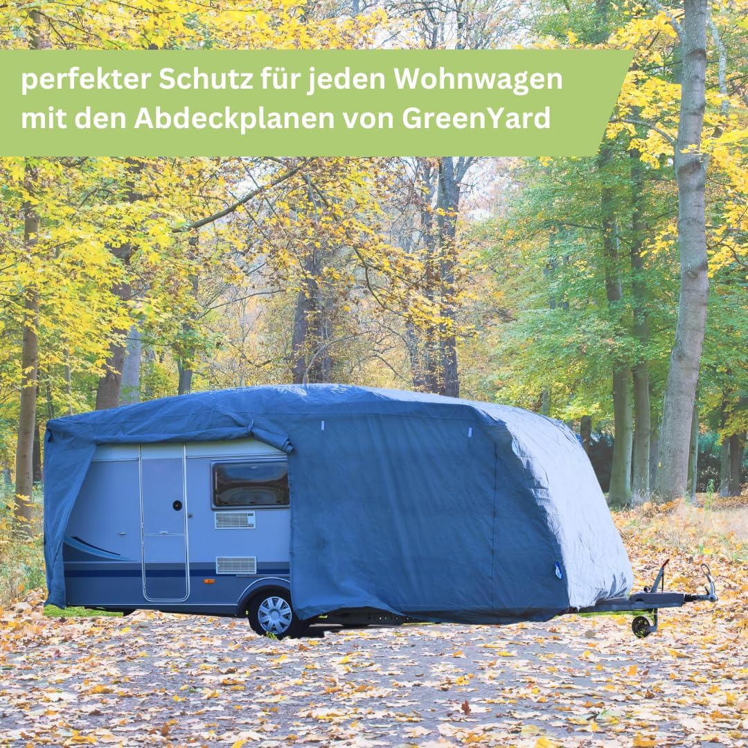 GreenYard® Wohnwagen Abdeckplane mit Reflektorstreifen | Grösse XXL 730 x 250 x 220 cm | Camping Sch