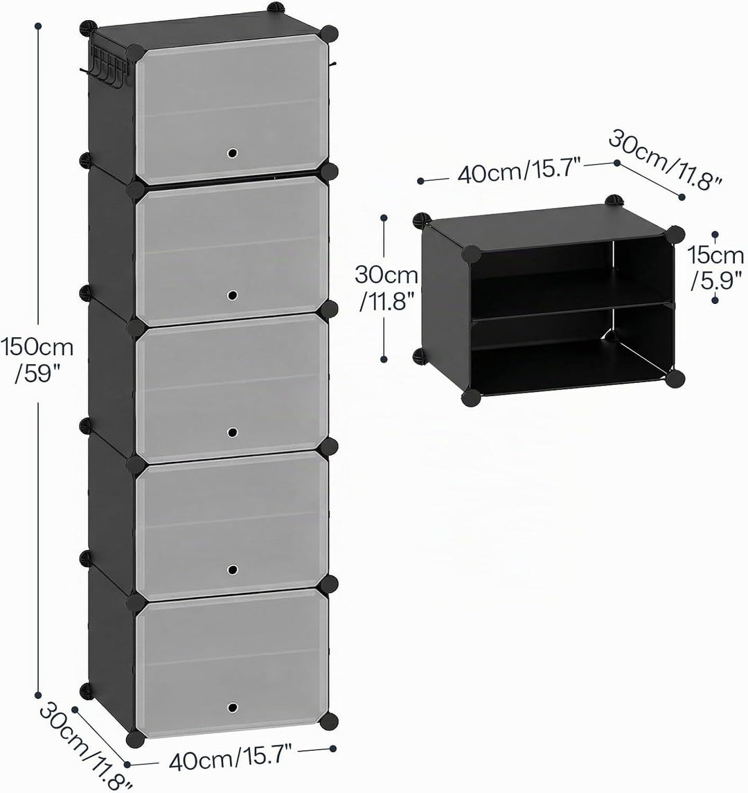 HOOBRO Schuhregal mit 10 Ebenen, Schmal Schuhschrank, Schuh-Organizer, mit Türen, Kunststoff, DIY St