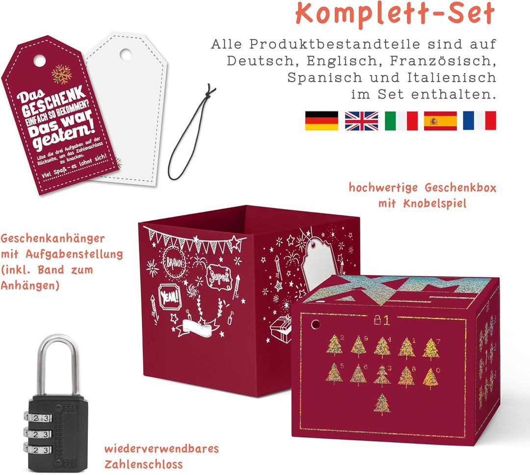 SURPRISA Geschenkbox für Weihnachten, Rätselbox für Geldgeschenke, Glitzer-Design in Rot mit Xmas-Au