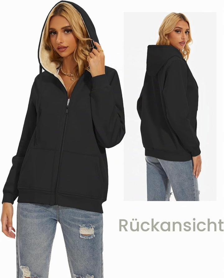 MOVE BEYOND Sweatjacke Damen mit Kapuze Zipper Hoodie Fleecejacke Gefüttert Warme Winterjacke mit Re