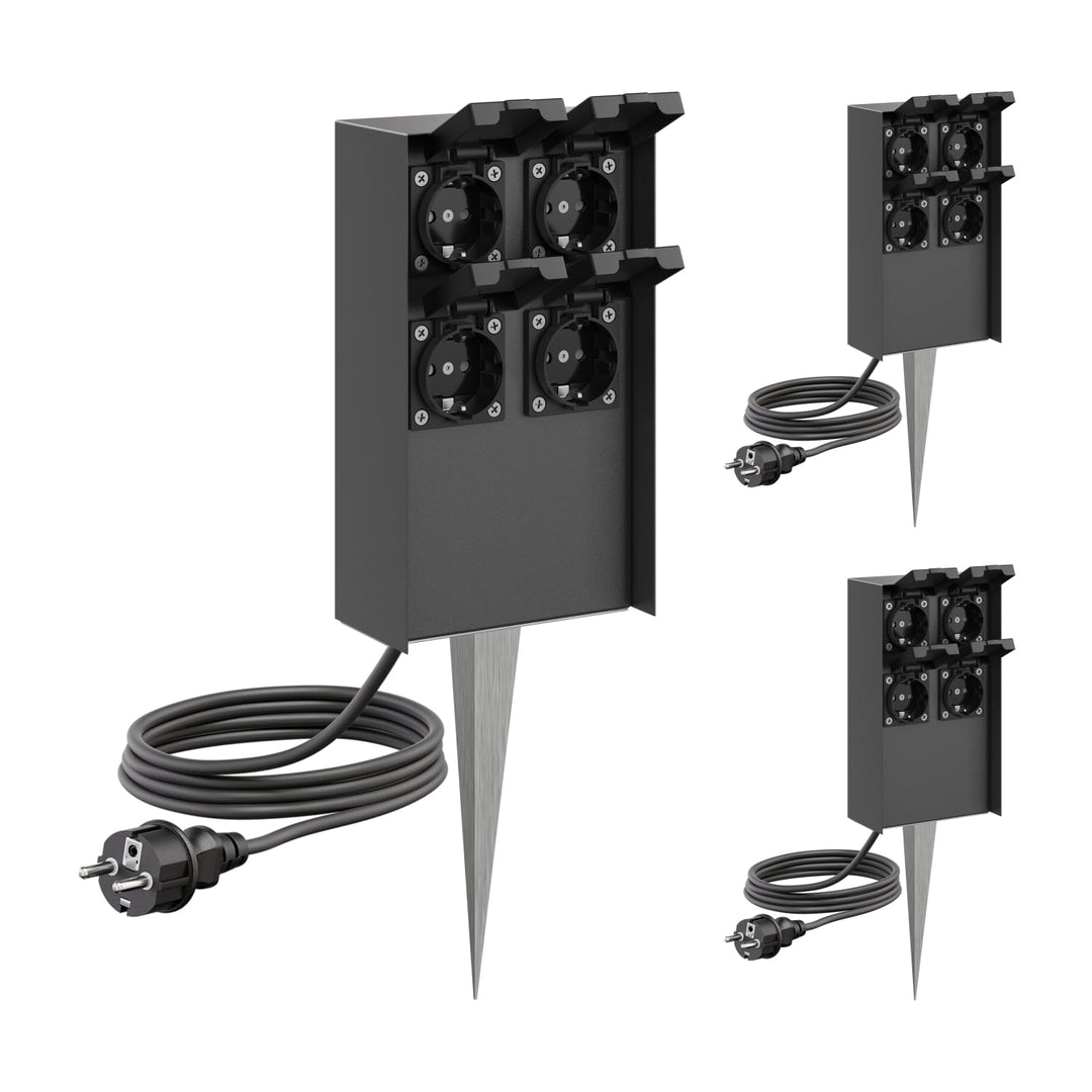 ledscom.de 3 Stück Garten-Steckdosen-Säule POMI mit Erdspiess und 2m Kabel für aussen, IP44, 4-Fach,