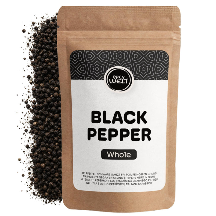 Spicy Welt Schwarzer Pfeffer Ganz (500g) – Pfefferkörner | Ungemahlener Schwarzer Pfeffer | für Pfef