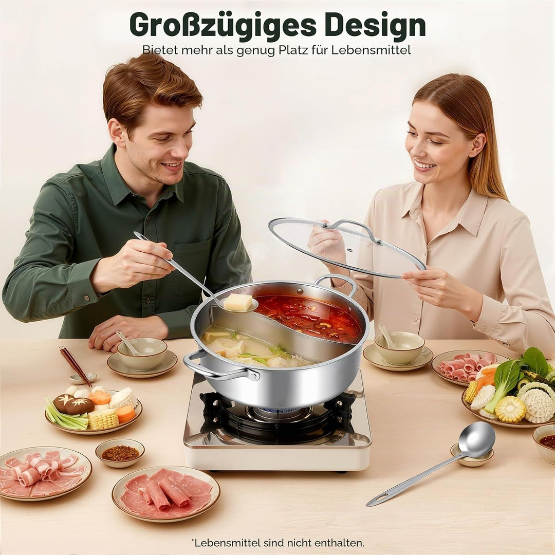 32cm Fonduetopf aus Edelstahl 304 Topf Chinesischer Fonduetopf mit Glasdeckel mit 2 Löffeln Geeignet