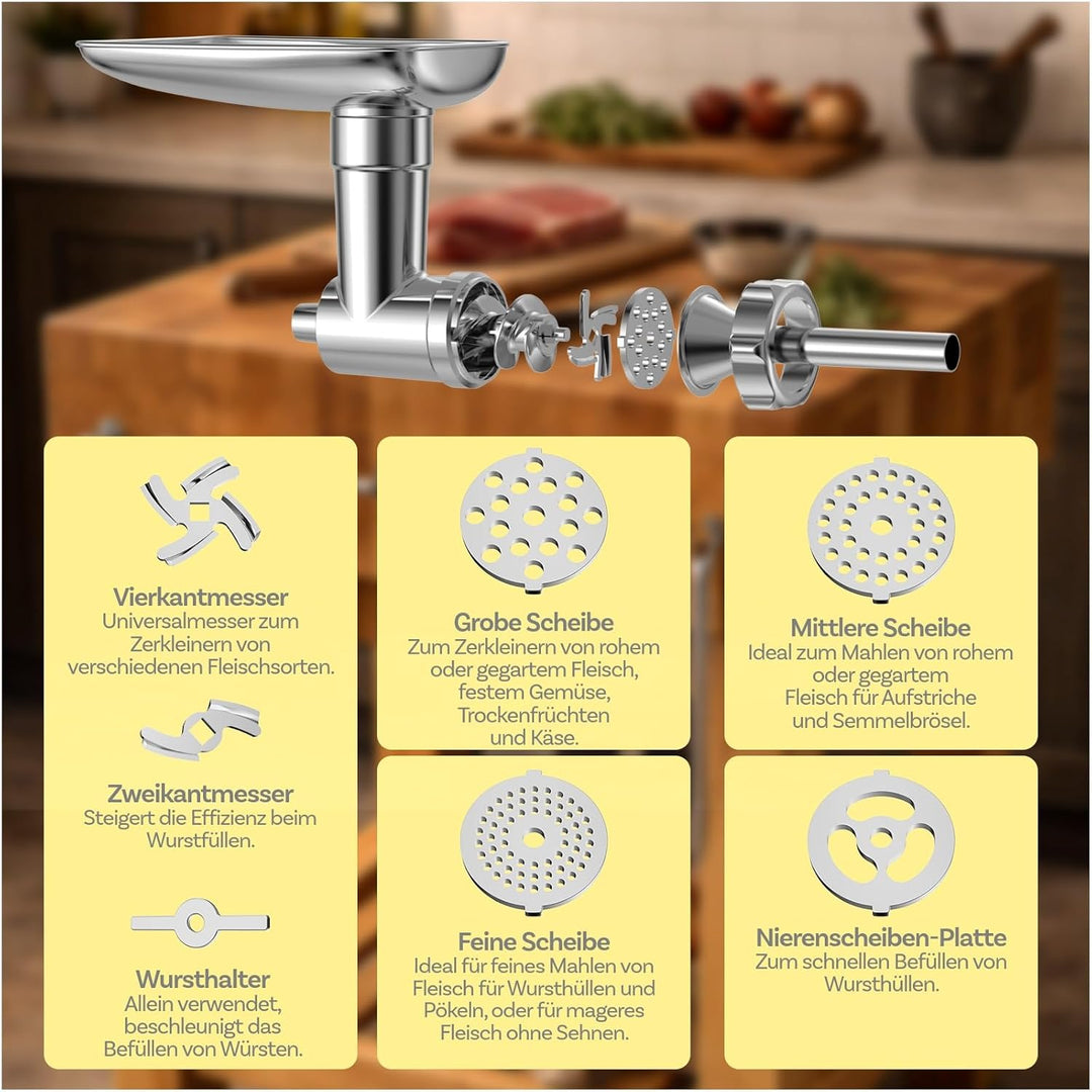 Fleischwolf Aufsatz Edelstahl für KitchenAid Standmixer - Fleischwolf Zubehör mit 4 Mahlscheibe, 3 W