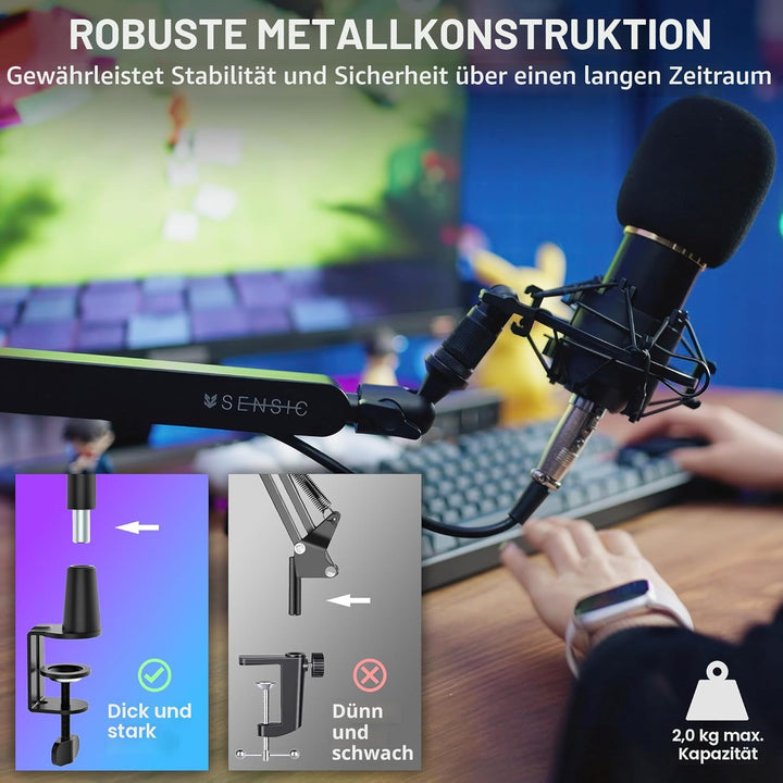 SENSIC SA-30 LP Low Profile Mikrofonständer Tisch mit 360° drehbarem Mikrofonarm, für Streaming mit