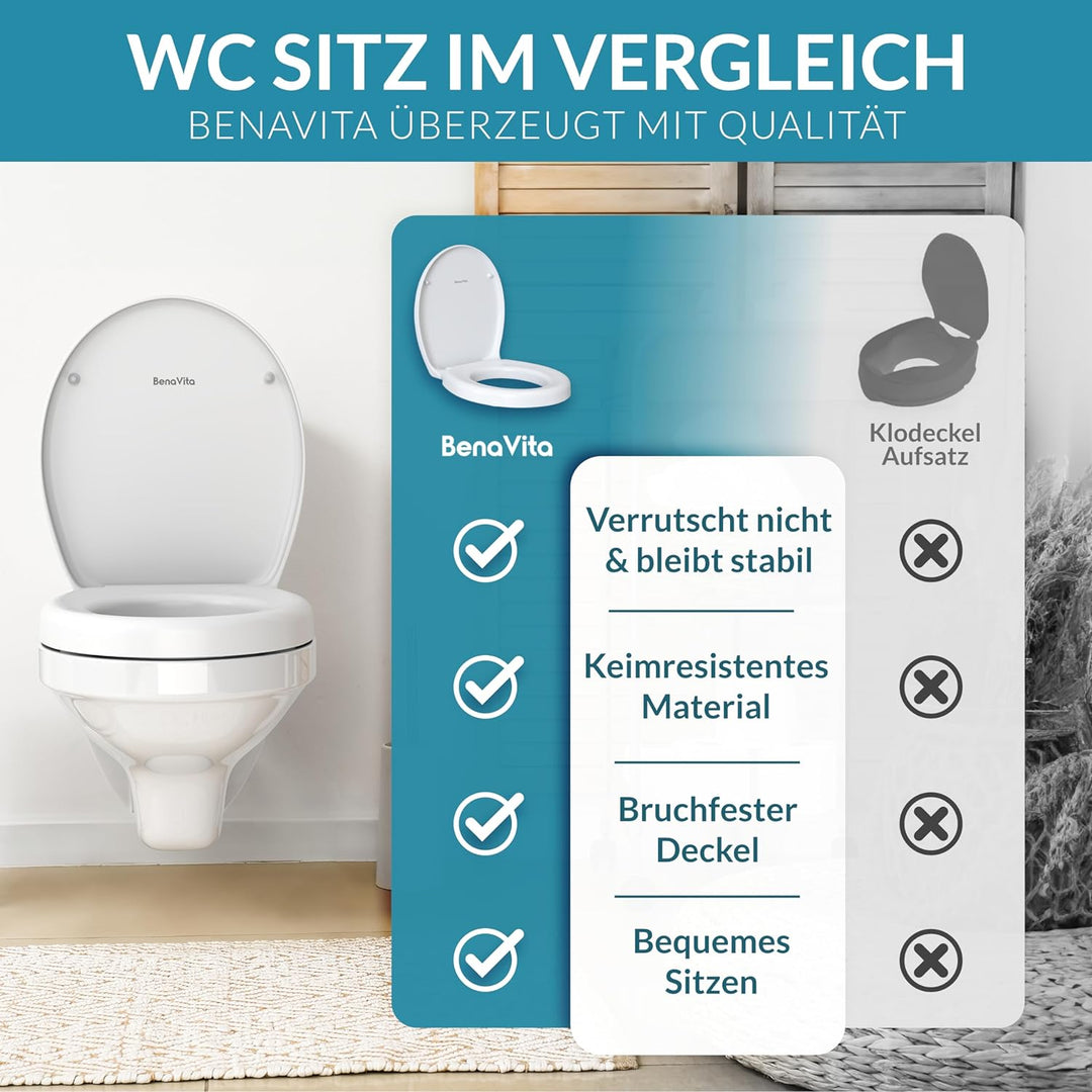 BenaVita WC Sitzerhöhung 5 cm aus Duroplast - Erhöhter Toilettensitz für bequemes Sitzen inkl. Absen