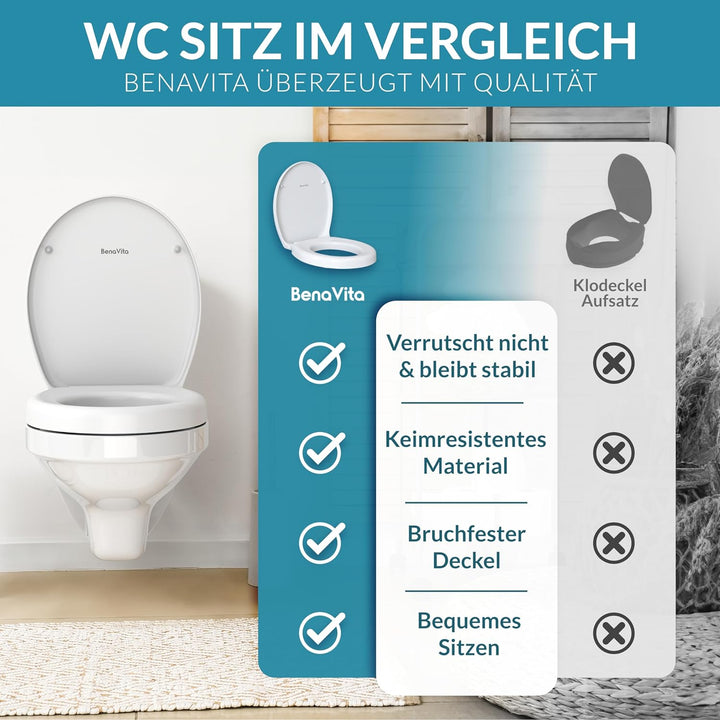 BenaVita WC Sitzerhöhung 5 cm aus Duroplast - Erhöhter Toilettensitz für bequemes Sitzen inkl. Absen