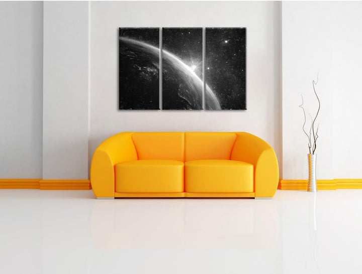 Pixxprint Sonne und Erde im Weltall / 3-Teilig/Gesamtmass 120cm Leinwandbild bespannt auf Holzrahmen