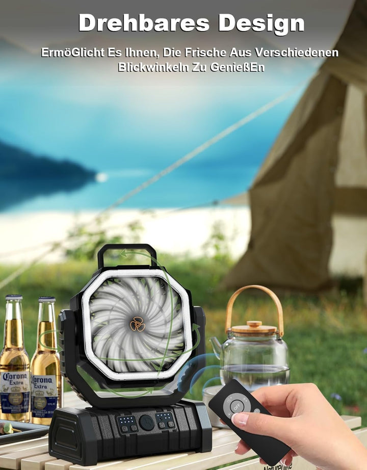 Richday Camping Ventilator 20000mAh Leise Ventilator 4 Geschwindigkeiten 270°Drehung Tischventilator