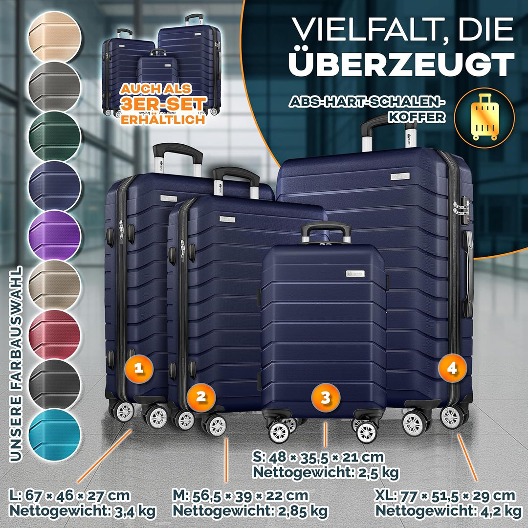 tillvex® Reisekoffer Set 4-teilig + Gepäckwaage, 8X Koffergurte & 4X Kofferanhänger | Kofferset 4 Ro