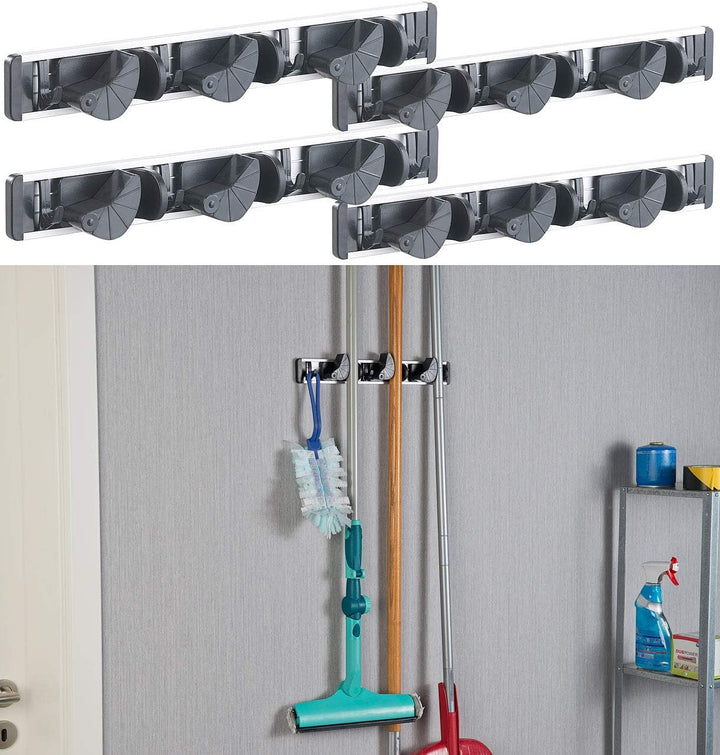 AGT Besen-Halterung: 4er-Set Wandhalter-Leisten für Besen, Wischmopp, Gartengeräte & Co. (Wand-Haken