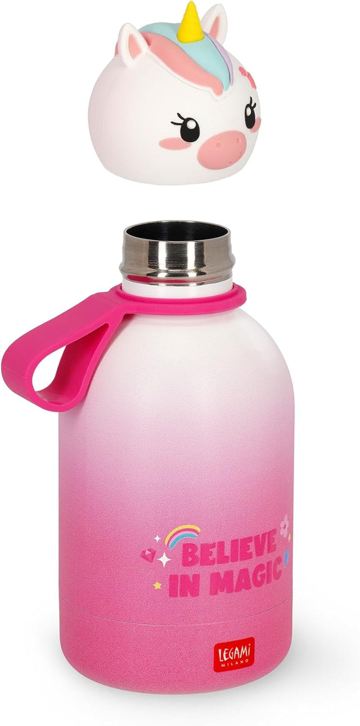 Legami - Hot&Cold BFF Kinder-Wasserflasche, Unicorn,-Motiv, doppellagig aus 18/8 Edelstahl mit luftd