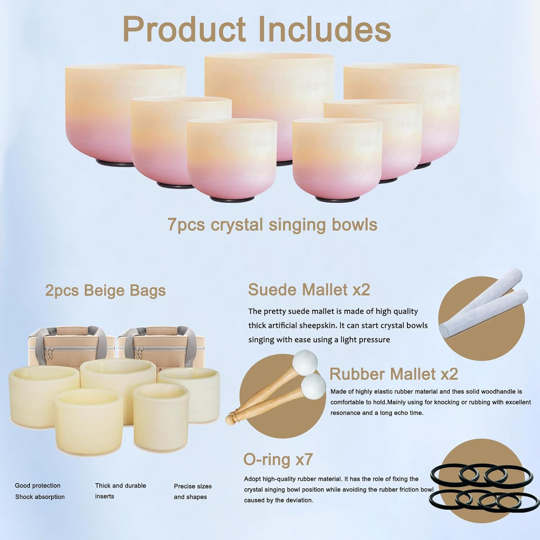 Hye-eun Sunset Kristall Klangschalen Set 432hz, 7-12 Zoll Quarz Crystal Singing Bowl Meditationsset