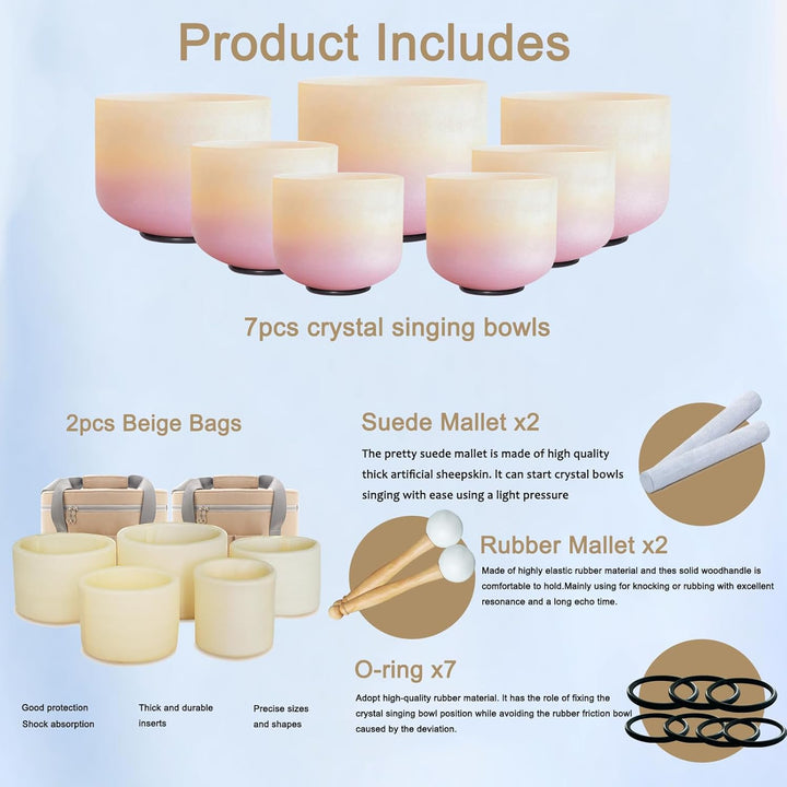 Hye-eun Sunset Kristall Klangschalen Set 432hz, 7-12 Zoll Quarz Crystal Singing Bowl Meditationsset
