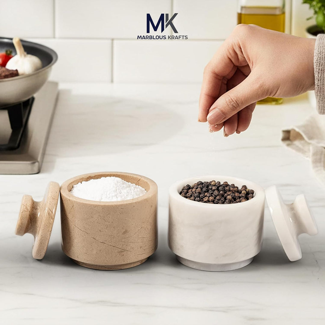 MARBLOUS KRAFTS Marmor-Salzkeller mit Deckel, 7,6 cm, Weiss und Verona Salzhalter, ideale Zucker-, S