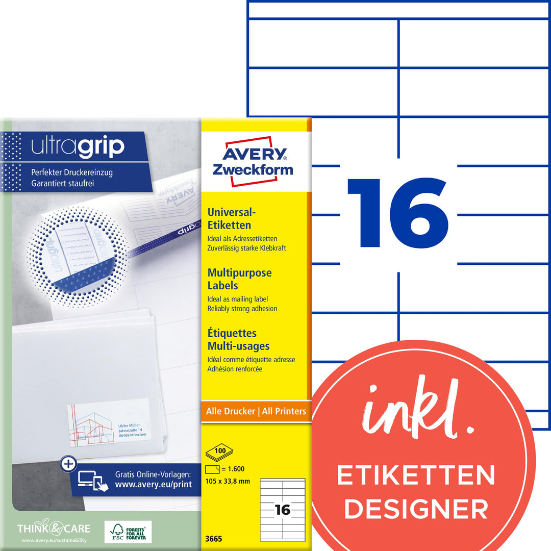 AVERY Zweckform 3665 Adressaufkleber (1.600 Klebeetiketten, 105x33,8mm auf A4, Papier matt, individu