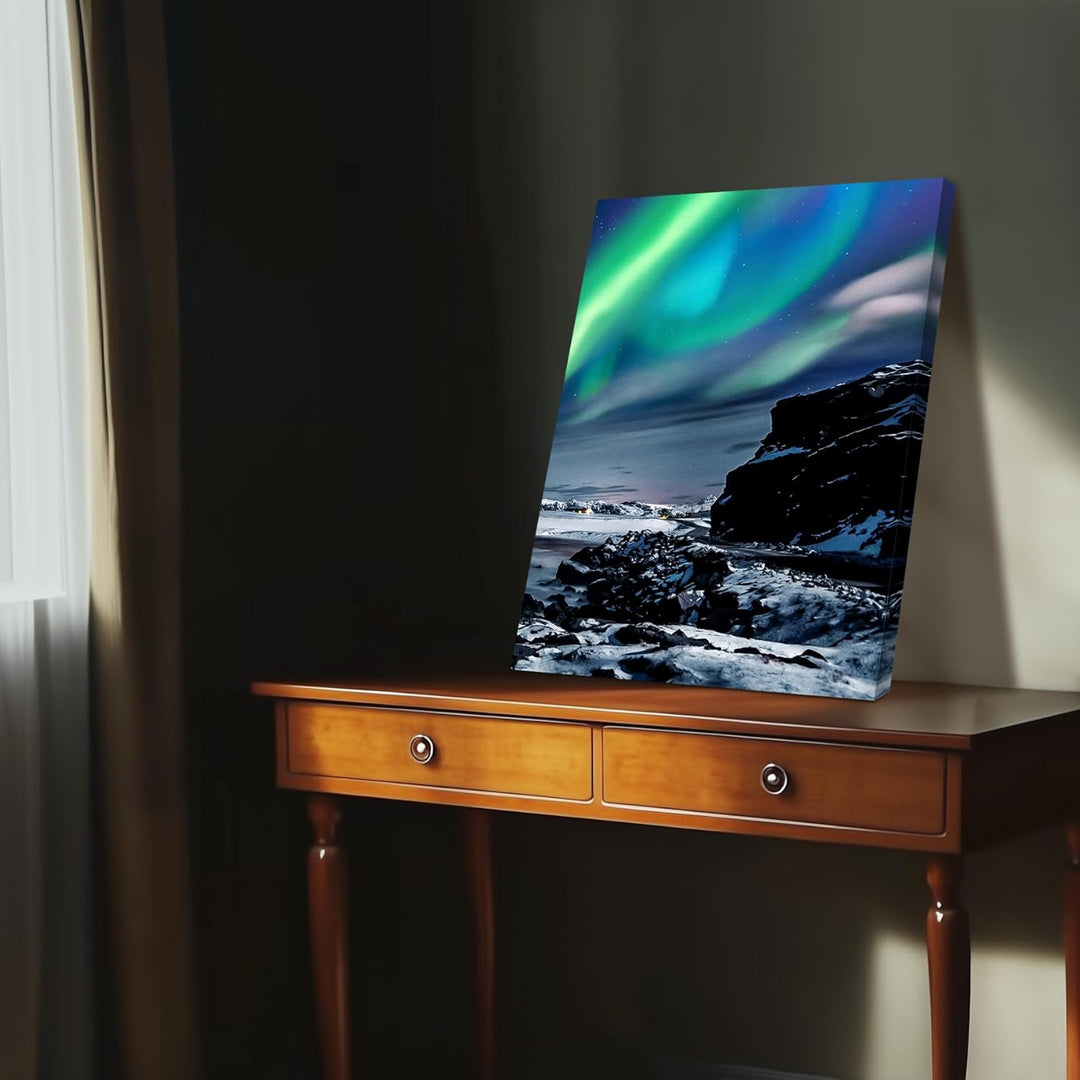 hyidecorart Bilder Nordlichter, Grün Polarlicht Sternenhimmel Bild auf Leinwand, Modern Natur Aurora