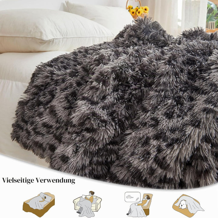 XeGe Luxus Kunstfell Leopardenmuster Decke 150x200cm, Weiche Gepardenmuster Bettdecke Plüsch Deko Ku