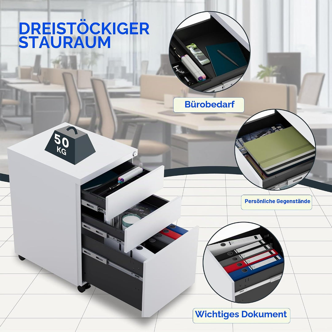 FLEXISPOT Rollcontainer mit 3 Schubladen, mobiler Aktenschrank mit Rollen, Schubladenschrank Bürosch