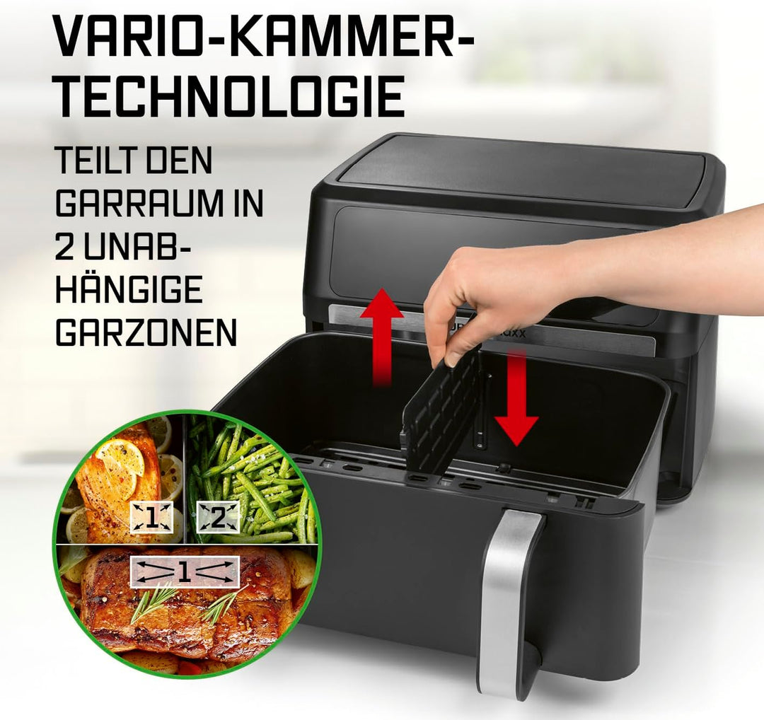 GOURMETmaxx AirGenius Heissluftfritteuse, 10 L - 2 x 5 L Airfryer Vario-Kammer | Fritteuse mit 10 Pr