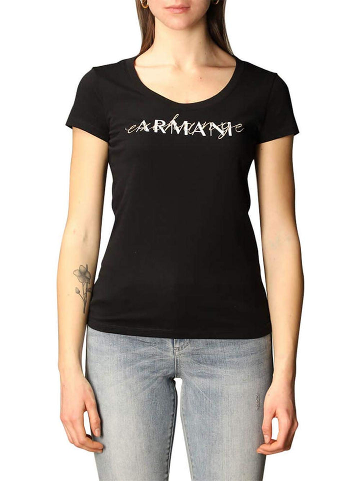 A|X ARMANI EXCHANGE Damen Overlap Logo Scoop T-Shirt, schwarz, Mittel