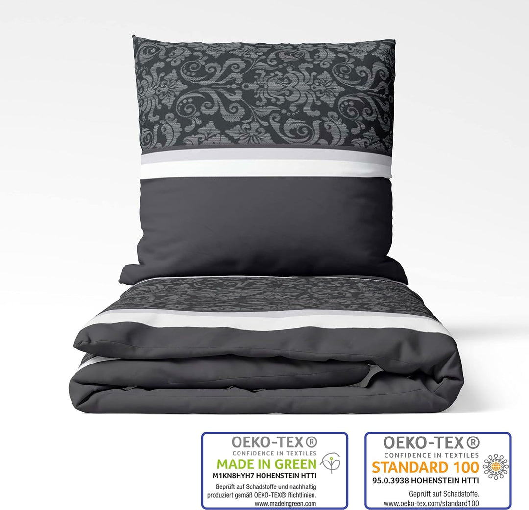 LINKHOFF Flanell Biber Bettwäsche 155x220 Baumwolle 2tlg | Bettwäsche-Set in Grau Anthrazit Paisley