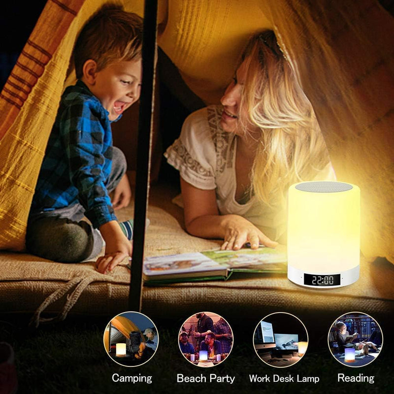 Warmfunn LED Nachttischlampe Touch Atmosphäre Tischlampe Bluetooth Lautsprecher Wecker LED Nachtlich