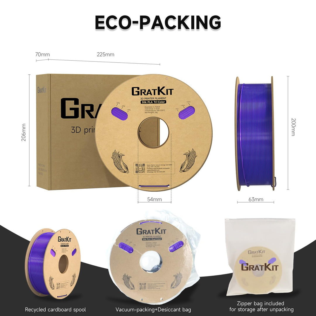 GratKit Tricolor Silk PLA Filament 1,75mm 1kg Spule, Seide Dreifarbiges 3D-Drucker Filament mit +/-0