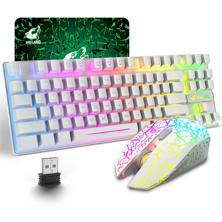 Kabellose Gaming-Tastatur und Maus, 87 Tasten, Regenbogen-LED-Hintergrundbeleuchtung, wiederaufladba