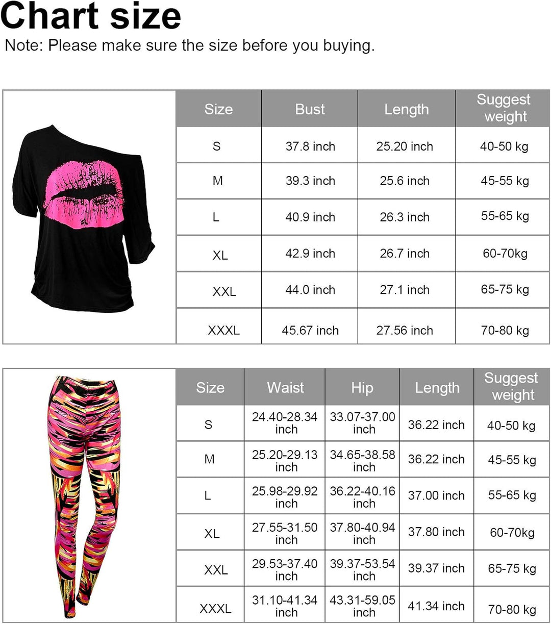 Blulu 80er Jahre Damen Kostüm Set, T Shirt, Legging Hose Ohrring Halskette Handschuhe Armband(Kurz Ä