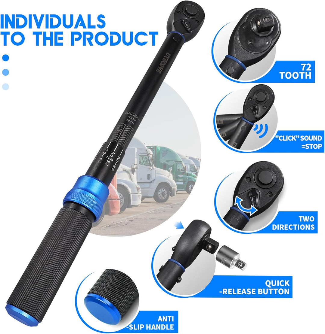 UYECOVE Drehmomentschlüssel 1/2 Zoll, 20-220 NM Drehmomentschlüssel Auto, ±3% Fehlergenauigkeit, 72