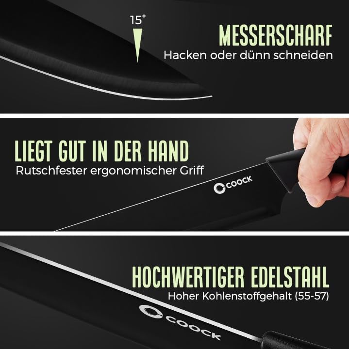 Messerset 15-teilig mit Messerblock, Faltbarem Schneidebrett & Messerschärfer – Premium Edelstahl Kü