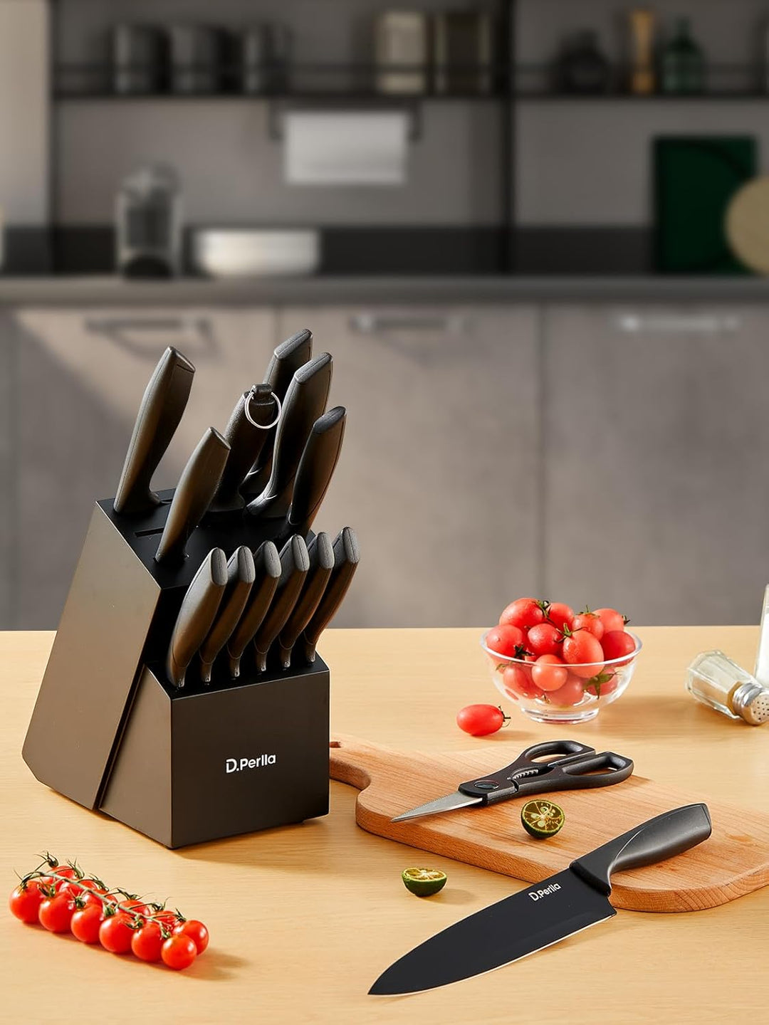 D.Perlla Messerblock, 15-TLG Scharf Edelstahl Messerblock Set mit Kunststoff-Griff und Holzblock, Me