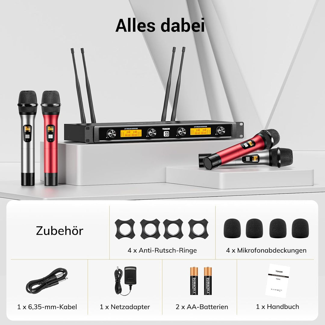 TONOR UHF Funkmikrofon Set, professionelles dynamisches Drahtlos-4er-Mikrofonsystem mit 4 Handmikrof