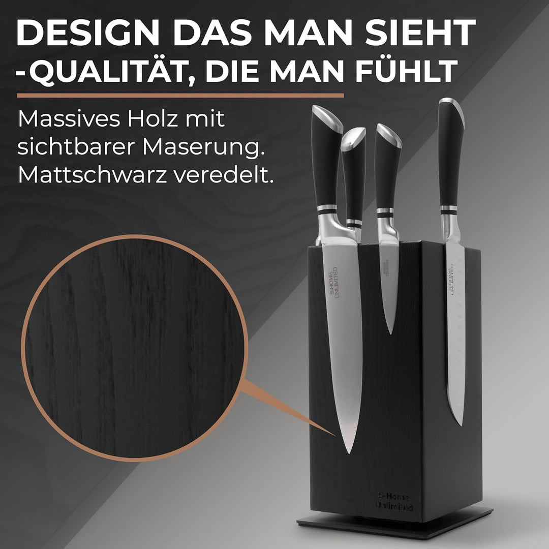 Magnetischer Messerblock ohne Messer | 360° drehbar | Massiver Holzblock in Schwarz mit sichtbarer M