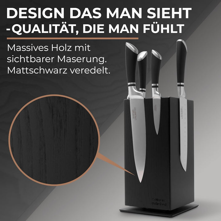 Magnetischer Messerblock ohne Messer | 360° drehbar | Massiver Holzblock in Schwarz mit sichtbarer M