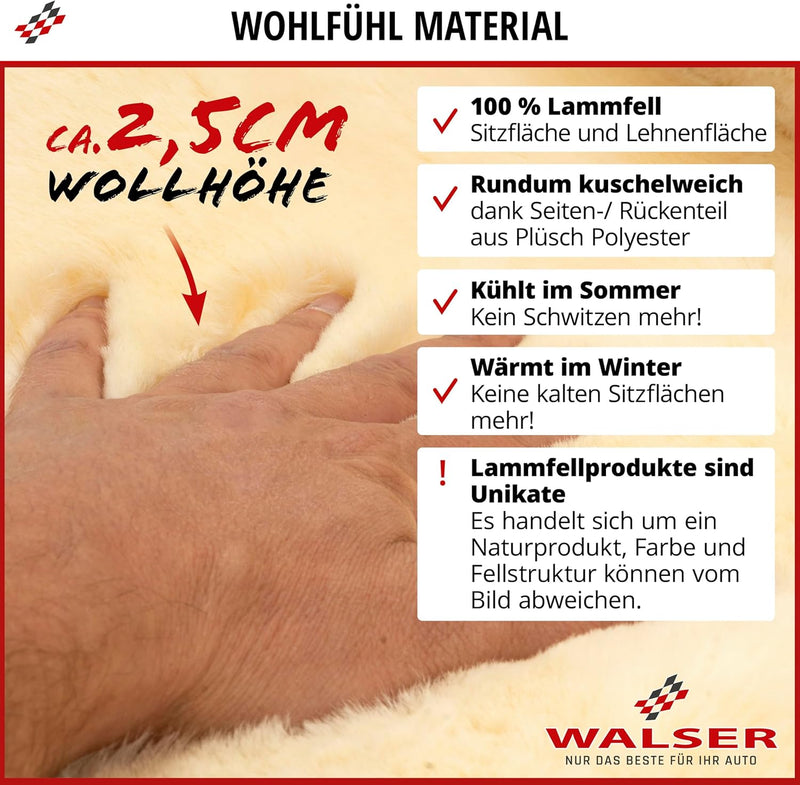 Walser Premium Lammfell Autositzbezug Maya, 100% Lammfell Sitzbezug für Auto, 1 Stück Lammfell Sitzb