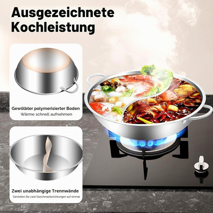 Hot Pot mit Teiler, 304 Edelstahl Topf Hotpot Kocher mit Glasdeckel, Kochtopf-Set für Induktionsherd