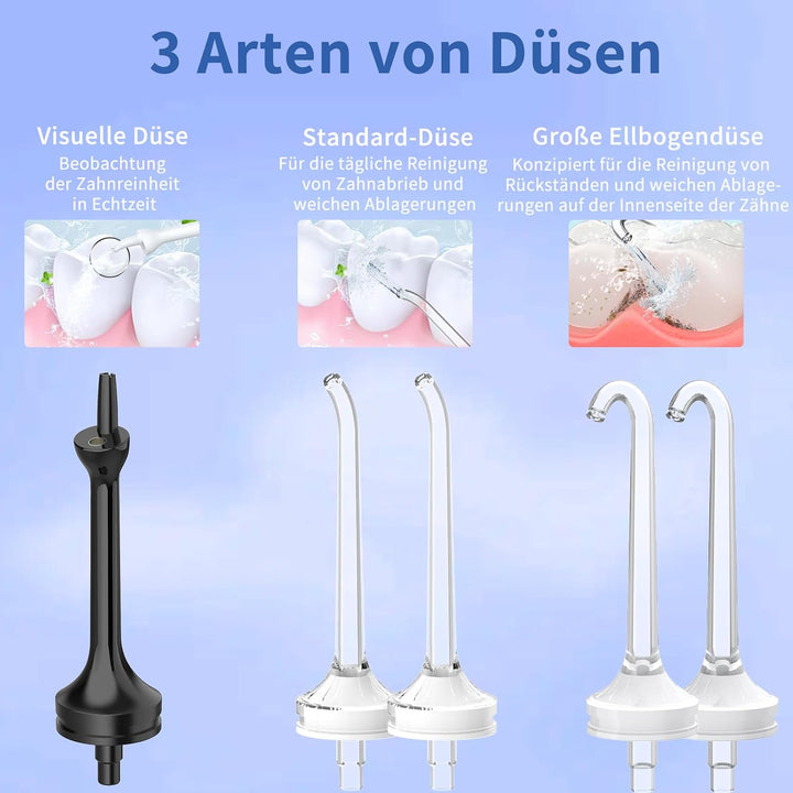 Visuell Munddusche Kabellos, IPX7 Wasserdicht, 5 Multifunktionale Jet-Tipps, 350ML WassertankTestsie